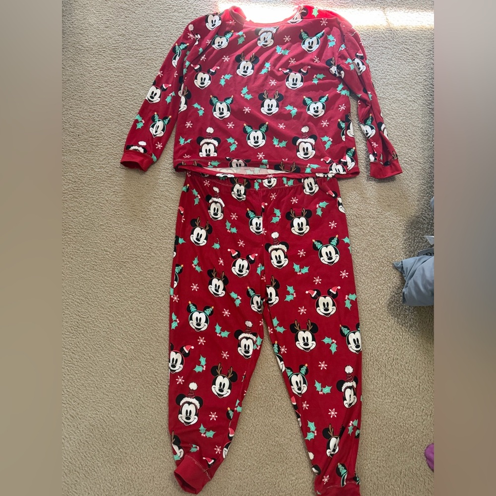 Disney Red Mickey Mouse Holiday Pajama Set with Green mistletoe.